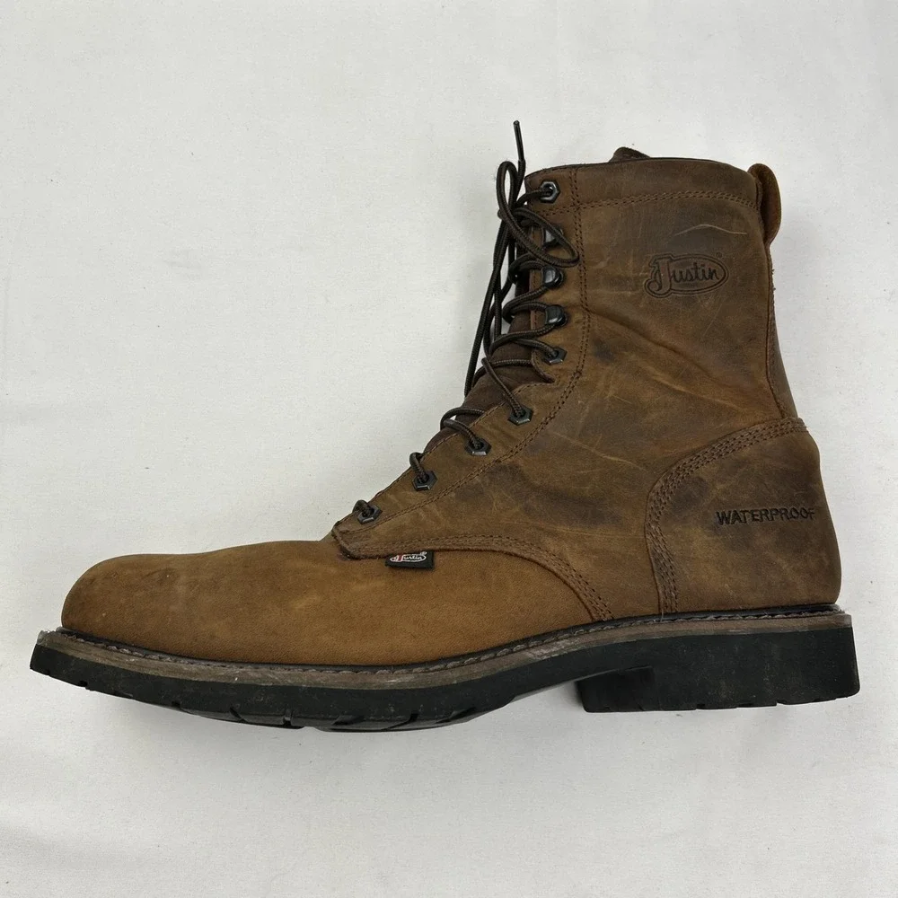 Justin Steel Toe Lace Up Waterproof Work Boots WK961 Men's Sz 13 D Brown Leather